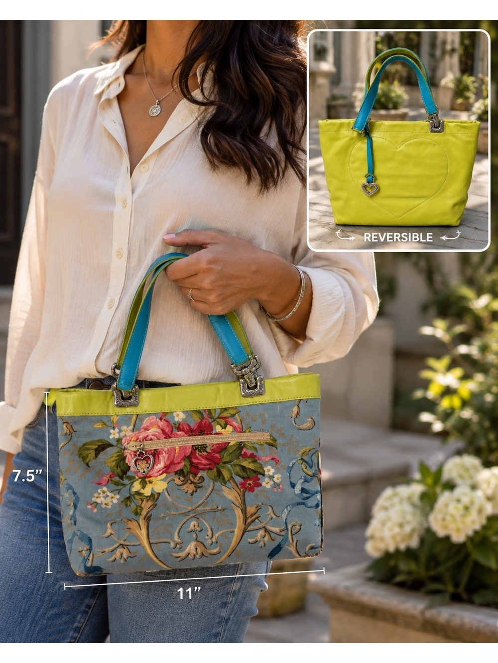 Brighton Reversible Floral Lime Green Heart Tote Bag Blue Handles 11” x 7.5”